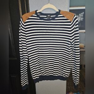 H&M Navy blue striped sweater with brown  suede shoulder. SIZE small